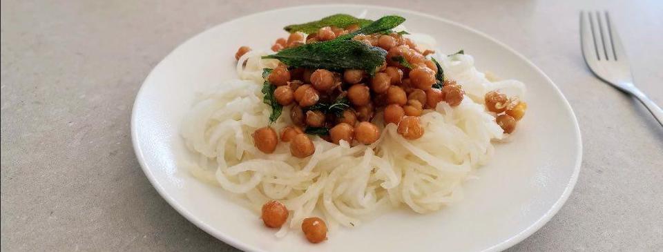 Daikon Noodles with Chickpeas and Crispy Sage