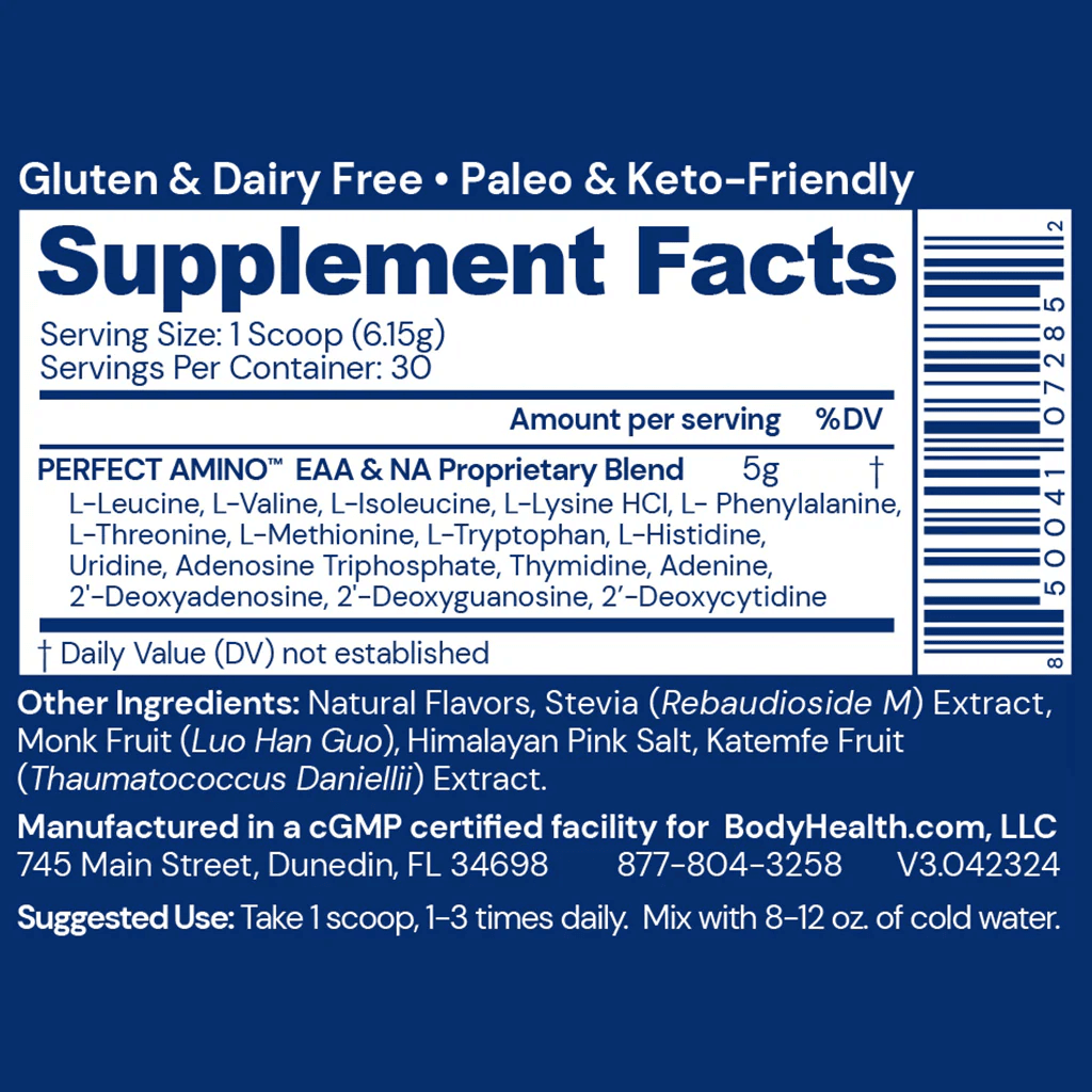 BodyHealth Australia PerfectAmino 30srv Chocolate Powder Supplementary Facts