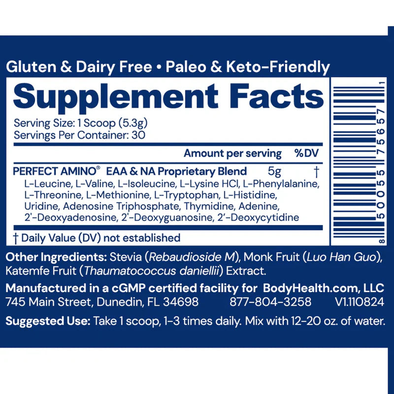BodyHealth Australia Perfect Amino 30srv Unflavoured Powder Supplement Facts