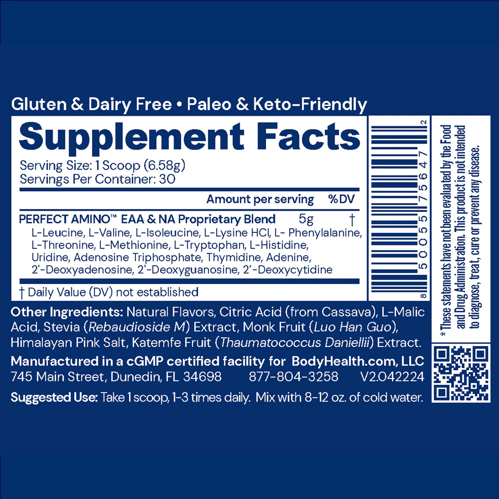 BodyHealth Australia PerfectAmino 30srv Mixed Berry Powder Supplemetary Facts