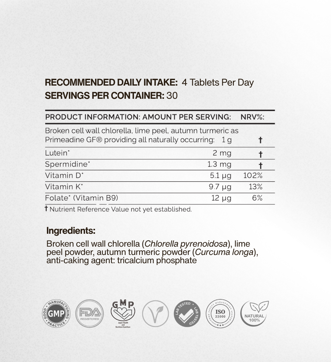 Oxford Healthspan Gluten Free Primeadine Spermidine Tablets Supplement Facts