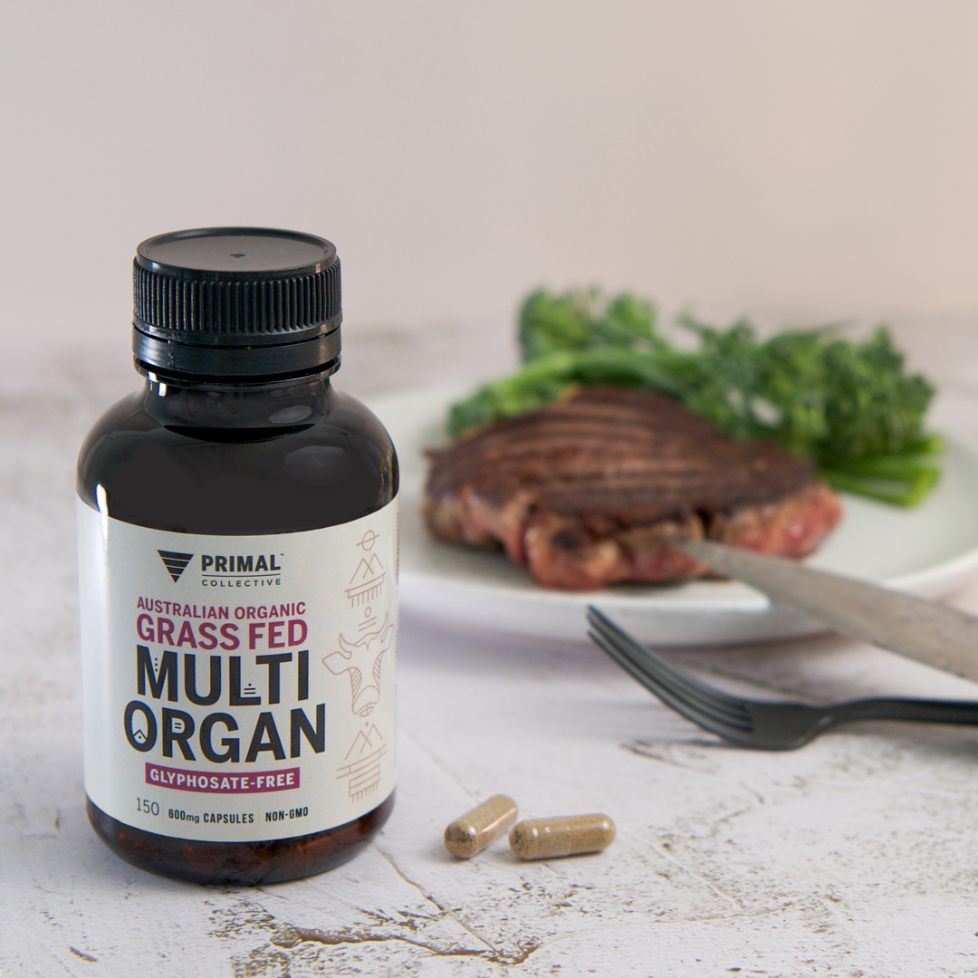 Australian Grass Fed Grass Finished Multi Organ Capsules Nose-to-Tail Eating with Steak and Steamed Broccoli