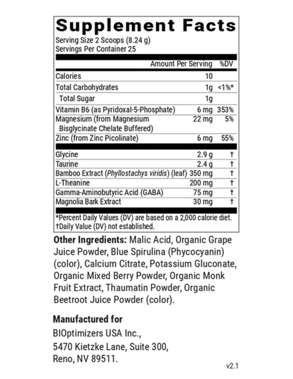 BIOptimizers Australia Sleep Breakthrough Powder Blueberry Dreams Supplement Facts