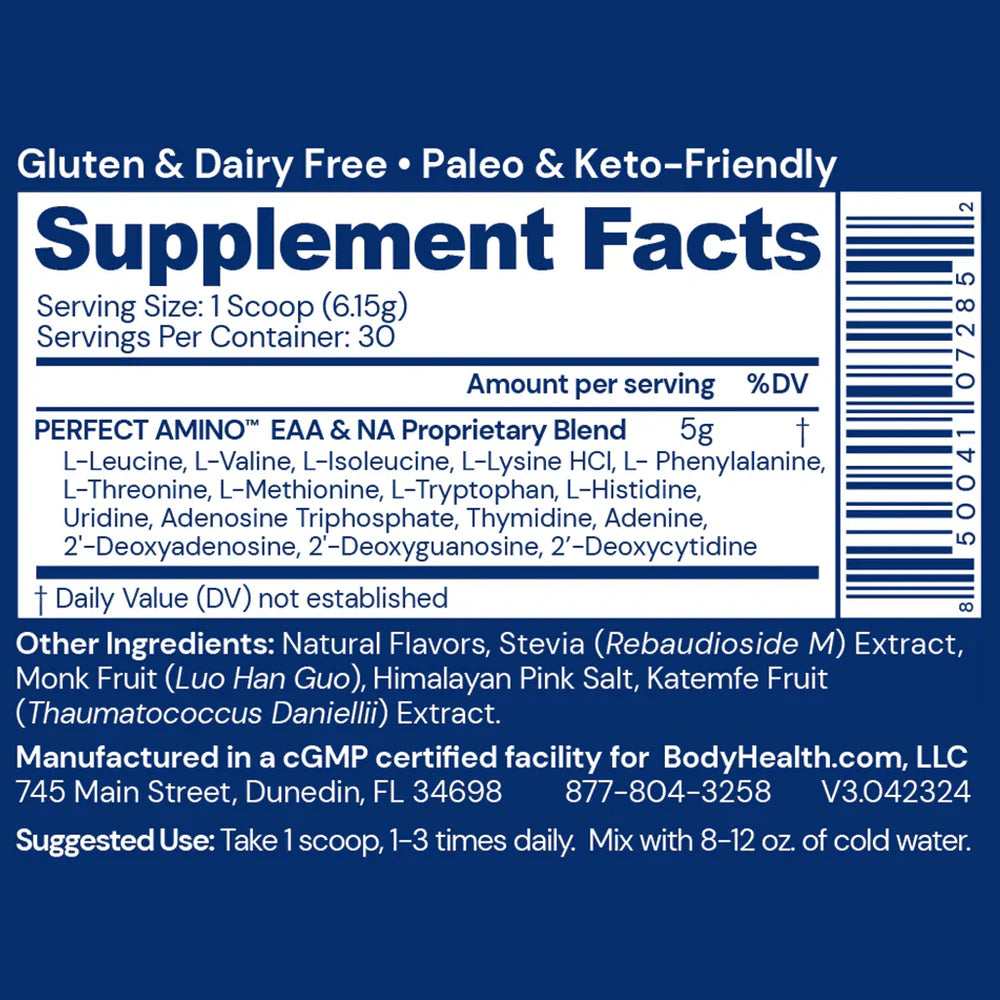 BodyHealth Australia Perfect Amino 30srv Chocolate Powder Supplement Facts