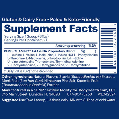 BodyHealth Australia Perfect Amino 30srv Chocolate Powder Supplement Facts