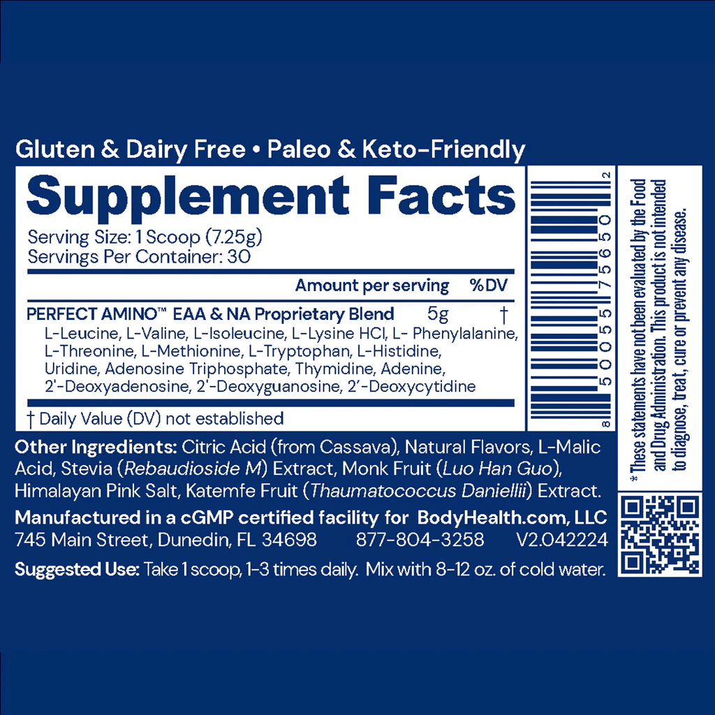 BodyHealth Australia PerfectAmino 30srv Strawberry Powder Supplementary Facts