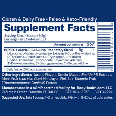 BodyHealth Australia Perfect Amino 30srv Vanilla Powder Supplement Facts