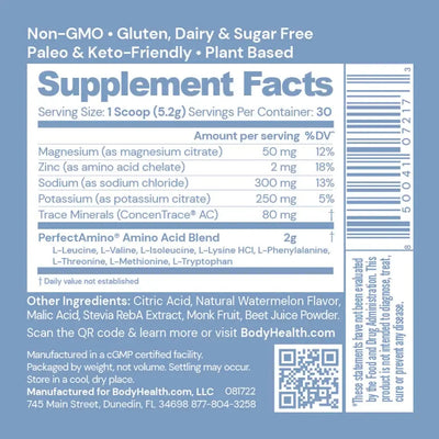 BodyHealth Australia PerfectAmino Electrolytes 30srv Watermelon Supplement Facts