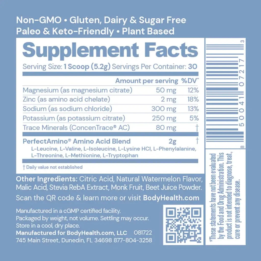 BodyHealth Australia PerfectAmino Electrolytes 30srv Watermelon Supplement Facts