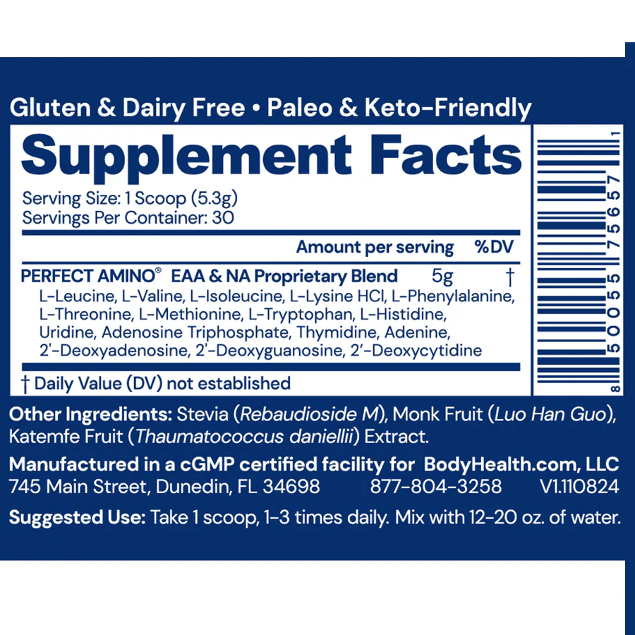 BodyHealth Australia PerfectAmino Unflavoured Supplement Facts