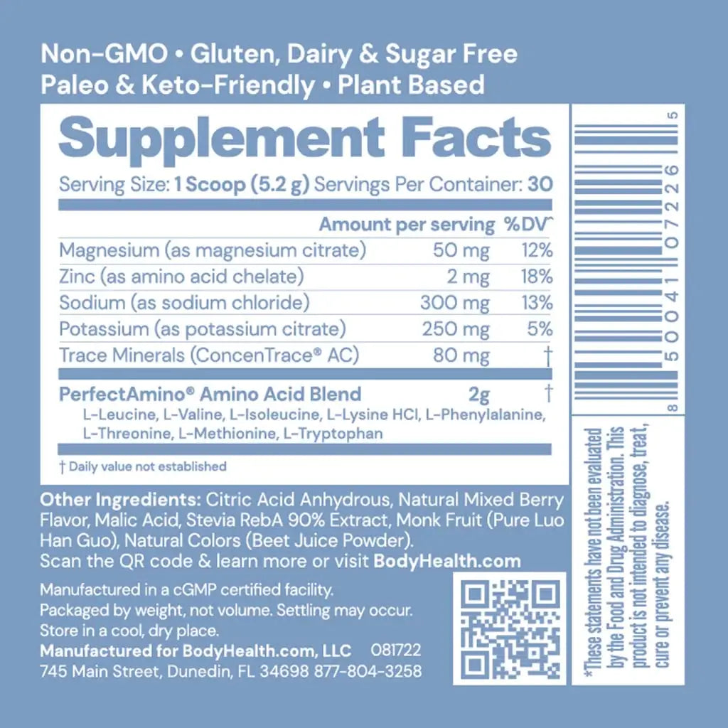 BodyHealth Australia Electrolytes 30srv Mixed Berry Supplement Facts