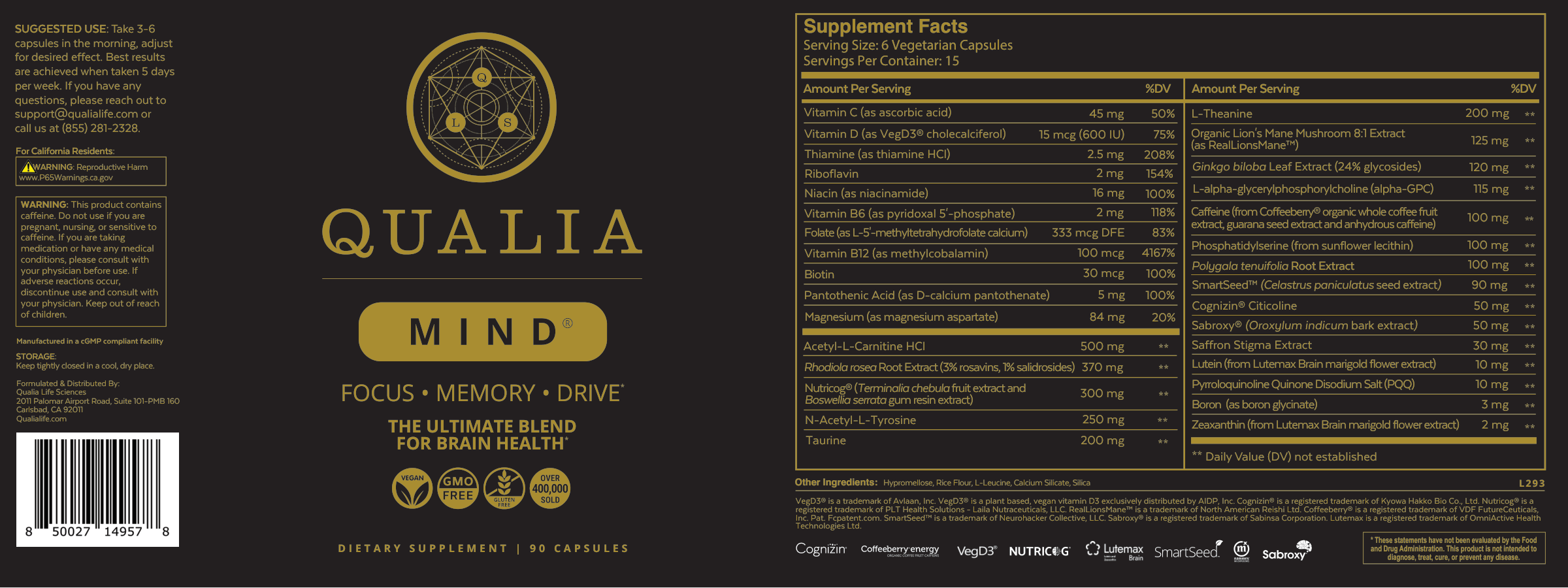 Neurohacker Collective Australia Qualia Mind 2.0 Supplemetary Facts