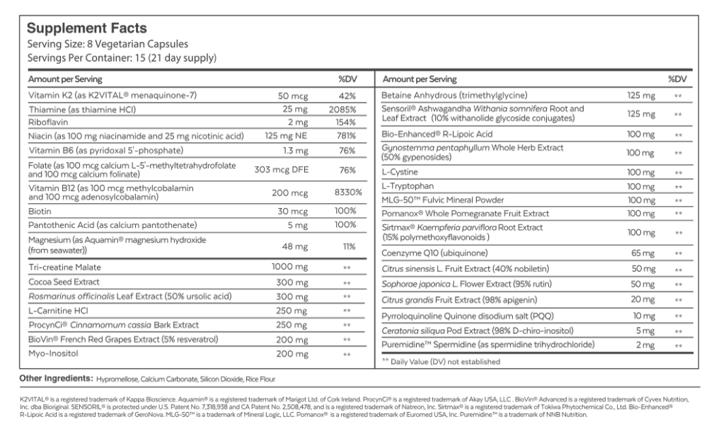 Neurohacker Qualia Australia Mitochondria+ Supplement Facts