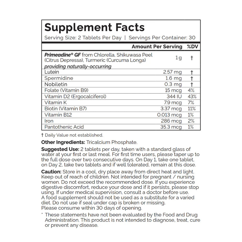 Oxford Healthspan Australia Primeadine GF Gluten Free Whole-Food Spermidine Supplement Facts