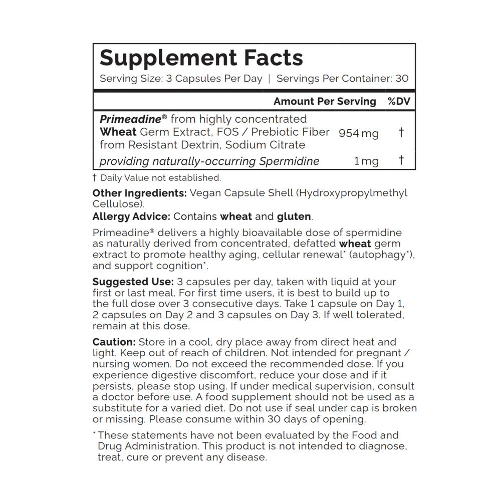 Oxford Healthspan Australia Primeadine Original Whole-Food Spermidine Supplement Facts