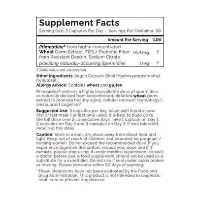 Oxford Healthspan Australia Primeadine Original Whole-Food Spermidine Supplement Facts