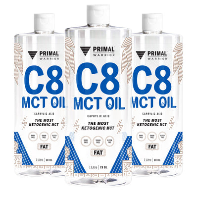 Pack of 3 bottles of Primal Warrior C8 MCT Oil 1 Litre, a dairy-free, vegan and keto-friendly fat sourced only from coconuts