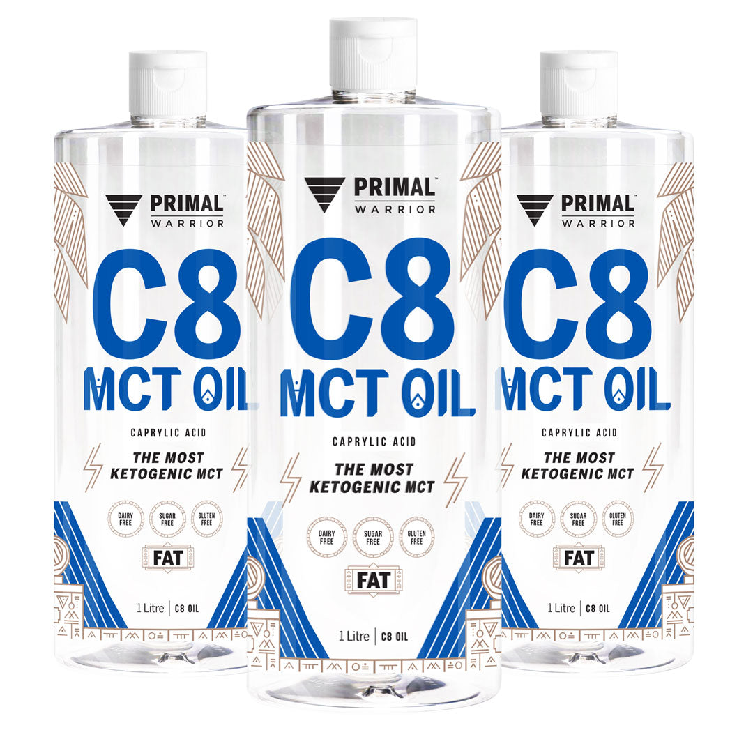 Pack of 3 bottles of Primal Warrior C8 MCT Oil 1 Litre, a dairy-free, vegan and keto-friendly fat sourced only from coconuts