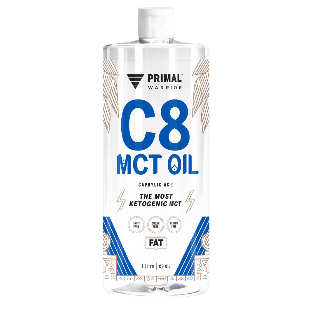 A bottle of Primal Warrior C8 MCT Oil 1 Litre, a dairy-free, vegan and keto-friendly fat sourced only from coconuts