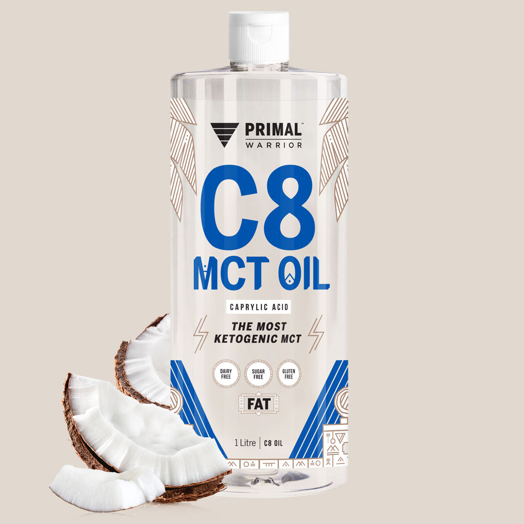 A bottle of Primal Warrior C8 MCT Oil 1 Litre, a dairy-free, vegan and keto-friendly fat sourced only from coconuts