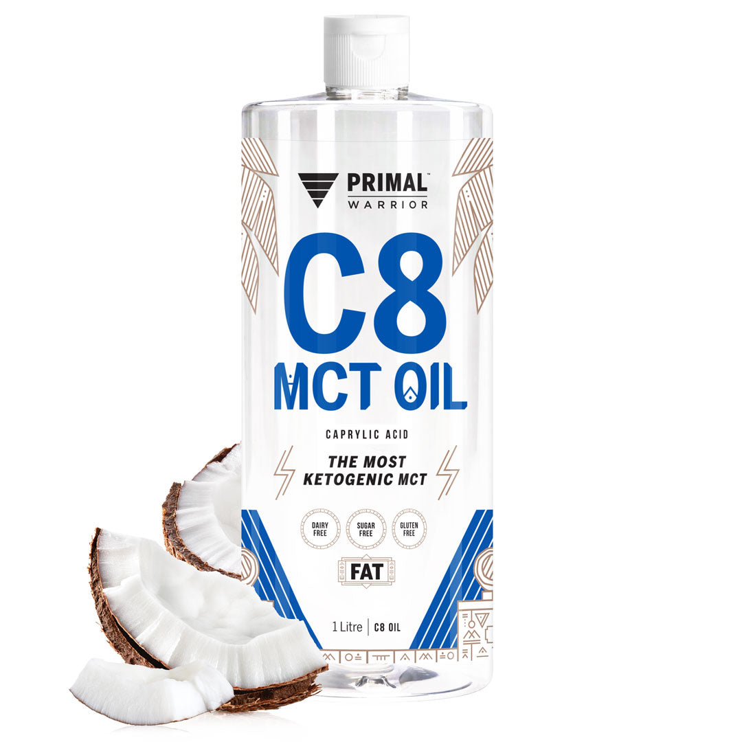A bottle of Primal Warrior C8 MCT Oil 1 Litre, a dairy-free, vegan and keto-friendly fat sourced only from coconuts