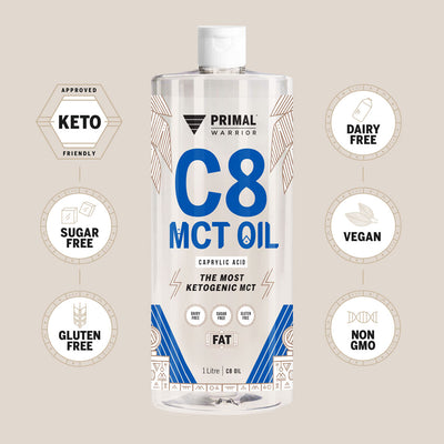 Primal Warrior C8 MCT Oil Dietary Highlights are Dairy-free, Sugar-Free, Gluten-Free, Vegan, Keto friendly and Paleo friendly. 100% coconut sourced and palm oil free