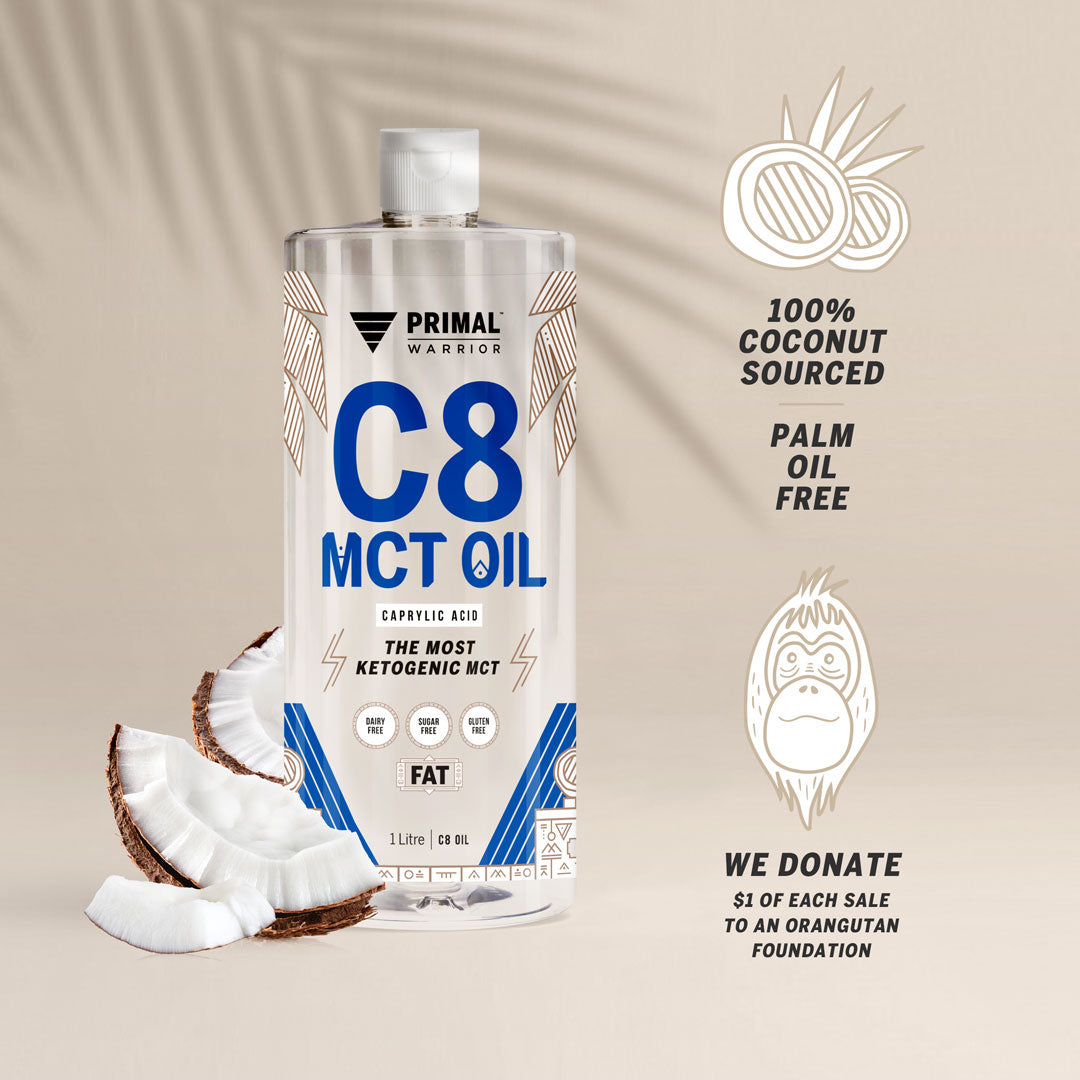 Every bottle of Primal Warrior C8 MCT Oil purchased donates $1 to an orangutan foundation.