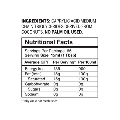 Nutritional panel of Primal Warrior C8 MCT Oil. Just 1 pure ingredient: Caprylic acid medium chain triglycerides derived from coconuts. No Palm oil used.