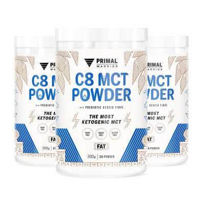 Pack of 3 canisters of Primal Warrior C8 MCT Powder 300g coffee, matcha and hot cacao creamer