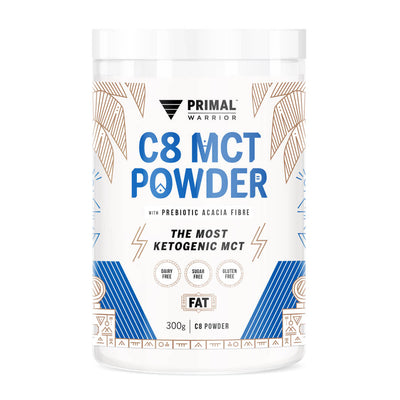 A canister of Primal Warrior C8 MCT Powder 300g, a keto and vegan coffee, matcha and hot cacao creamer