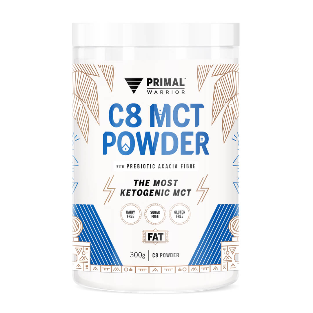 A canister of Primal Warrior C8 MCT Powder 300g, a keto and vegan coffee, matcha and hot cacao creamer