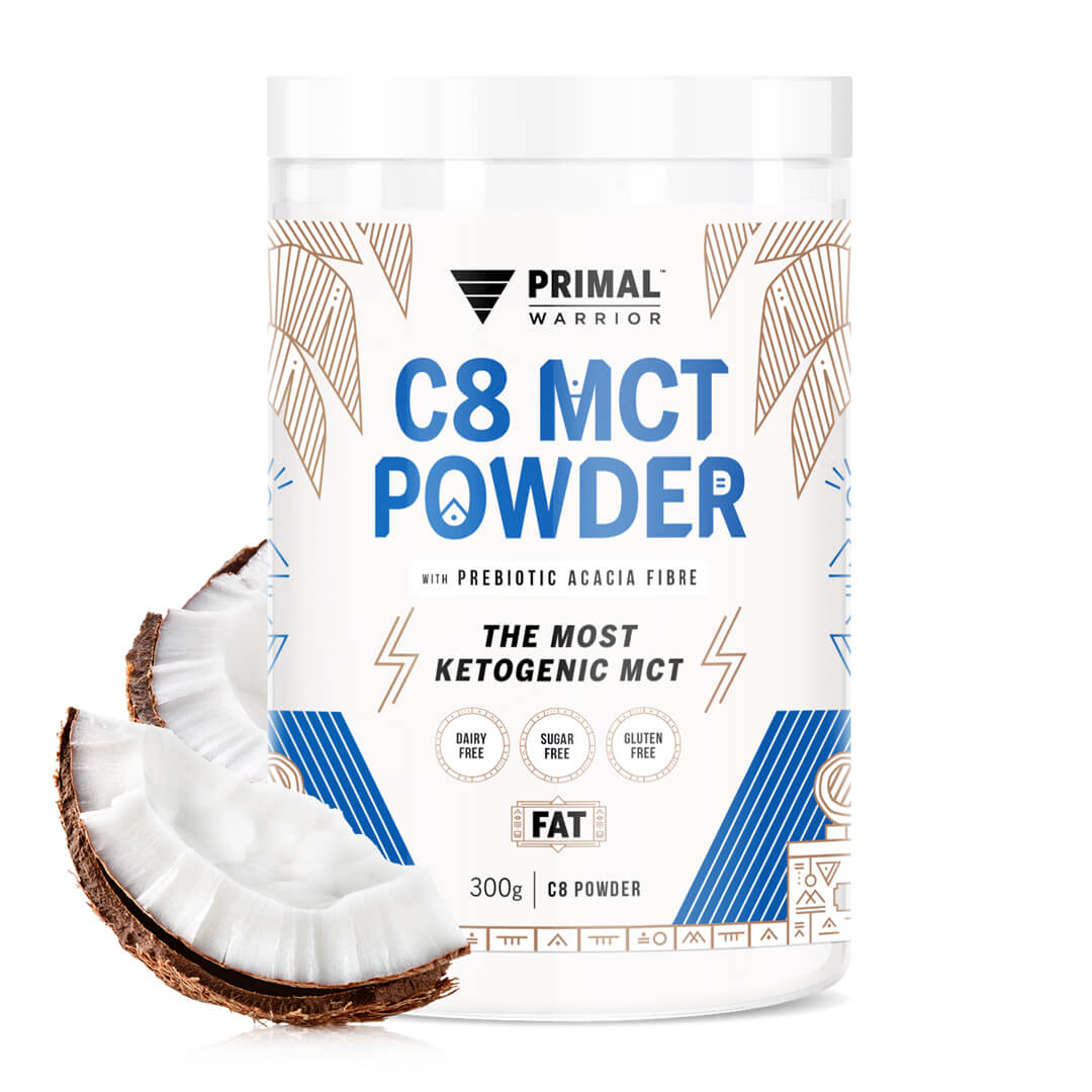 A canister of Primal Warrior C8 MCT Powder 300g, a keto and vegan coffee, matcha and hot cacao creamer