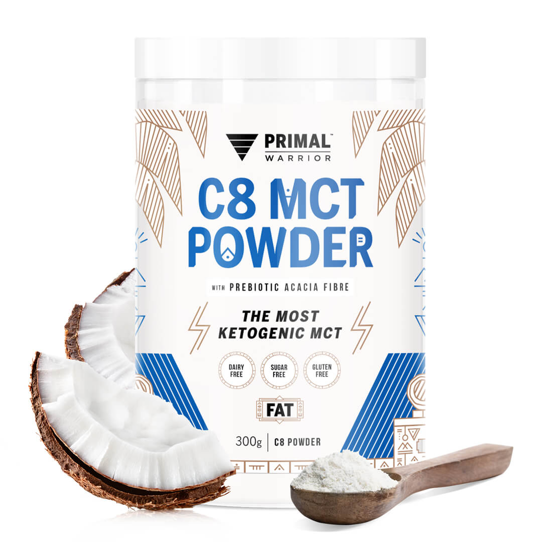 A canister of Primal Warrior C8 MCT Powder 300g, a keto and vegan coffee, matcha and hot cacao creamer