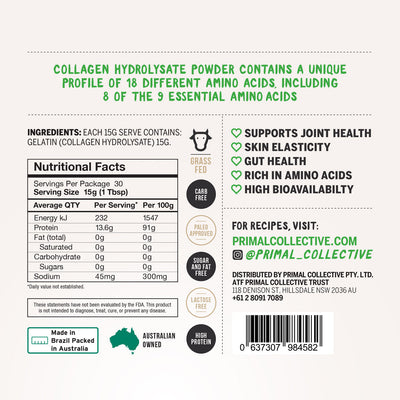 Primal Collective Australia Grass Fed Beef Collagen Powder Nutritional Information