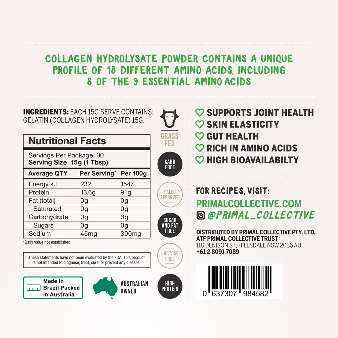 Primal Collective Australia Grass Fed Beef Collagen Powder Nutritional Information