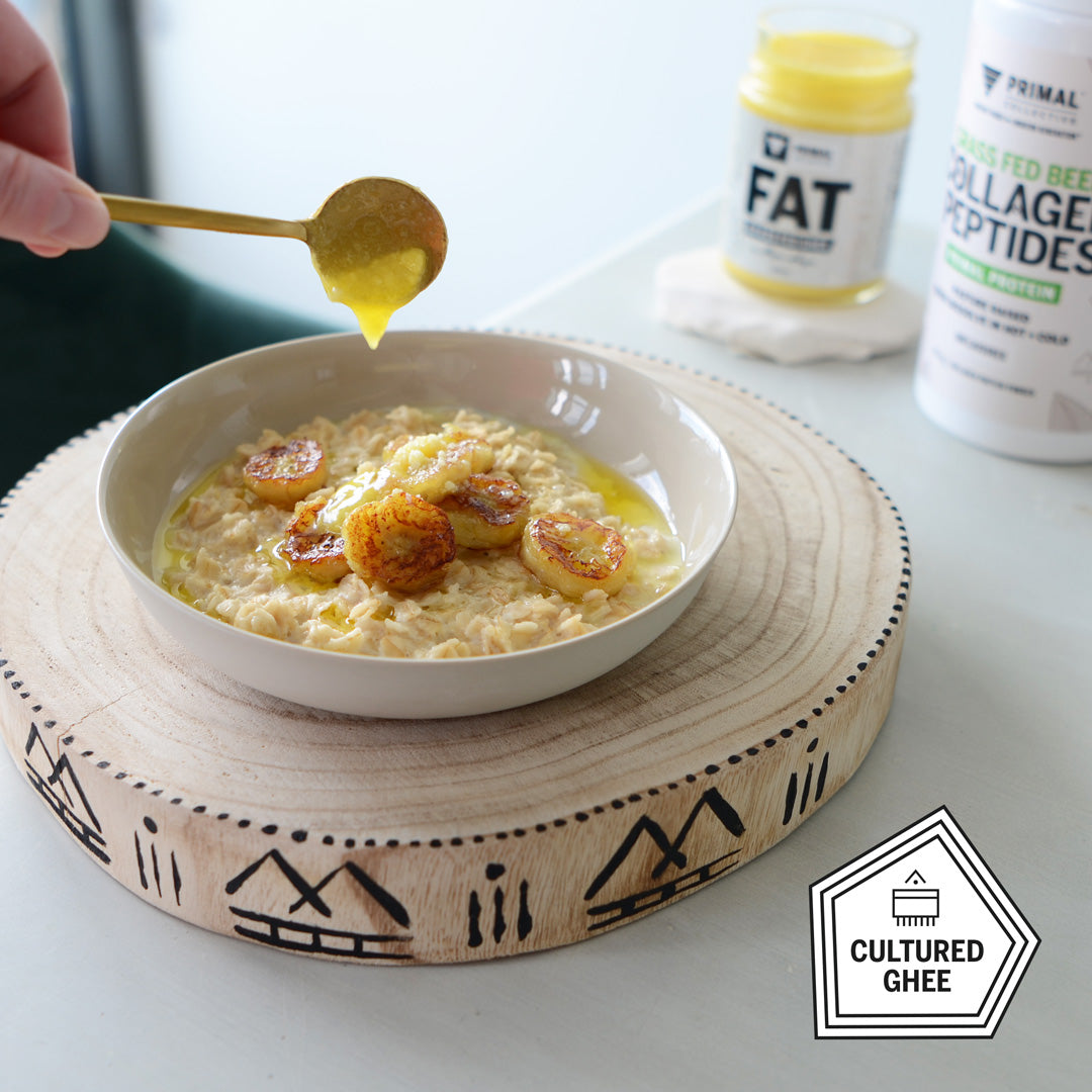 Primal Collective Australia Grass Fed Beef Collagen Peptides Protein Powder with Banana cooked in Cultured Ghee Golden Porridge