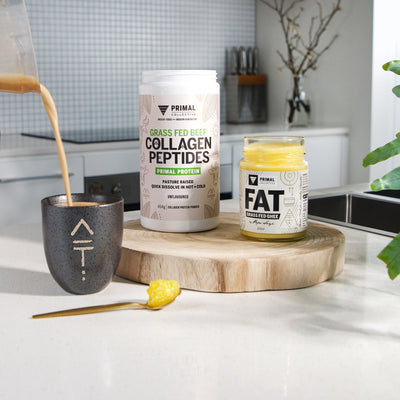 Primal Collective Australia Grass Fed Beef Collagen Peptides Protein Powder with Cultured Ghee in Tribal Coffee