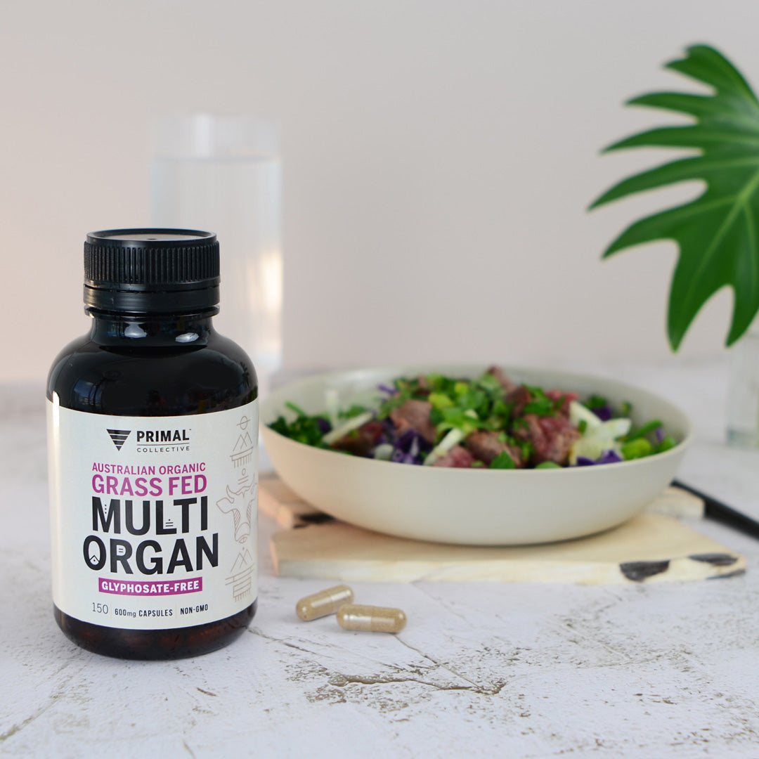 Primal Collective Australia Kidney Spleen Liver and Heart Capsules Nose-to-Tail Eating with Fresh Green Salad