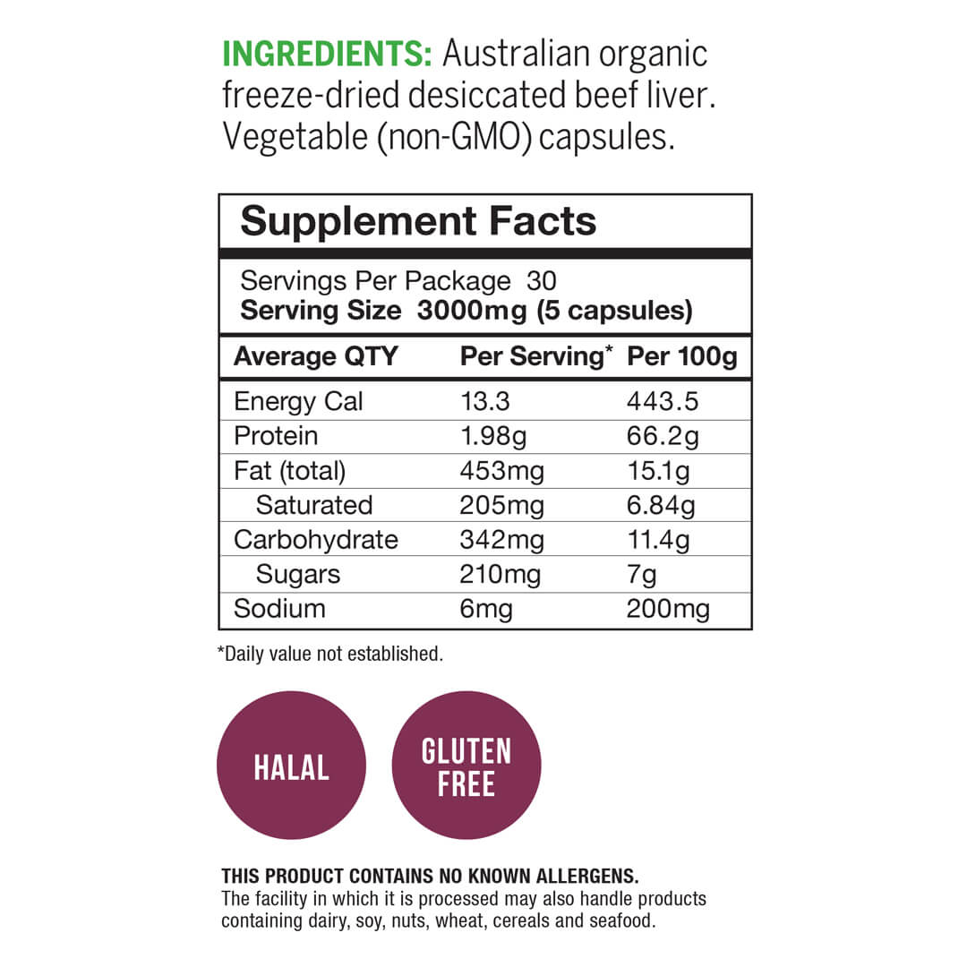 Primal Collective Australia Grass Fed Beef Liver Capsules Supplement Facts